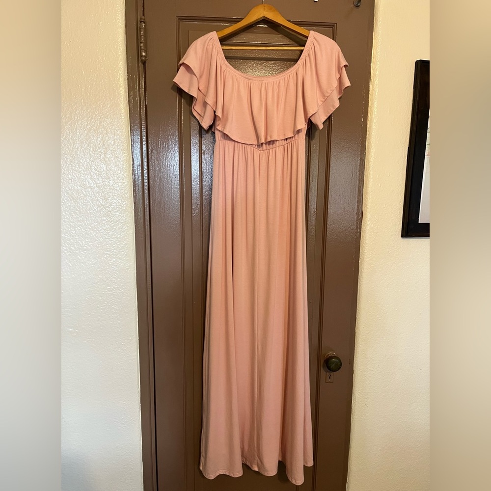 Pinkblush Ruffle Off Shoulder Maternity Maxi Dress Pastel Pink Stretch Pregnancy - Picture 3 of 14